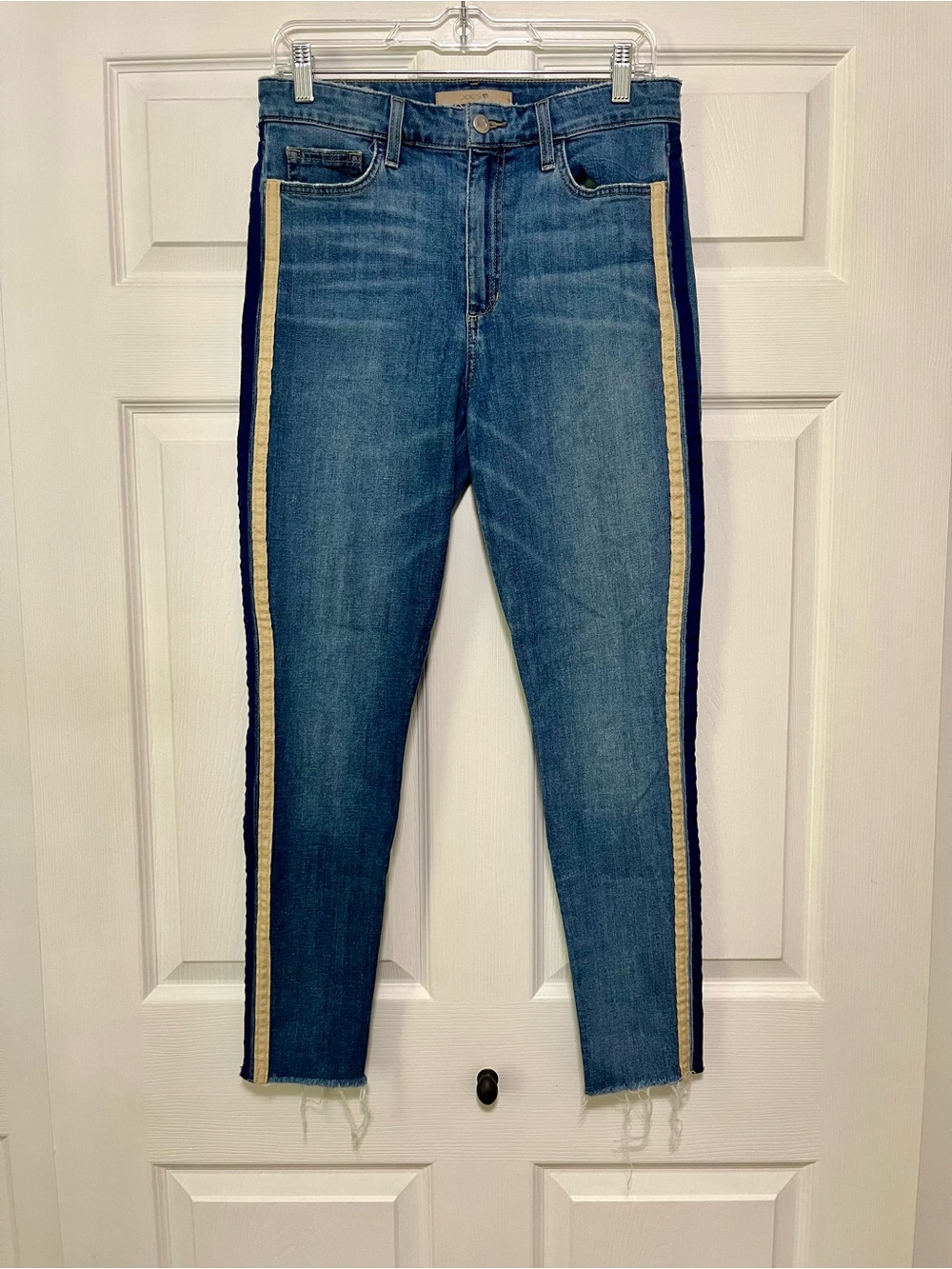 Joe's Jeans Tessa Blue Denim Ankle Crop with Navy and Cream Side Stripes Size 29